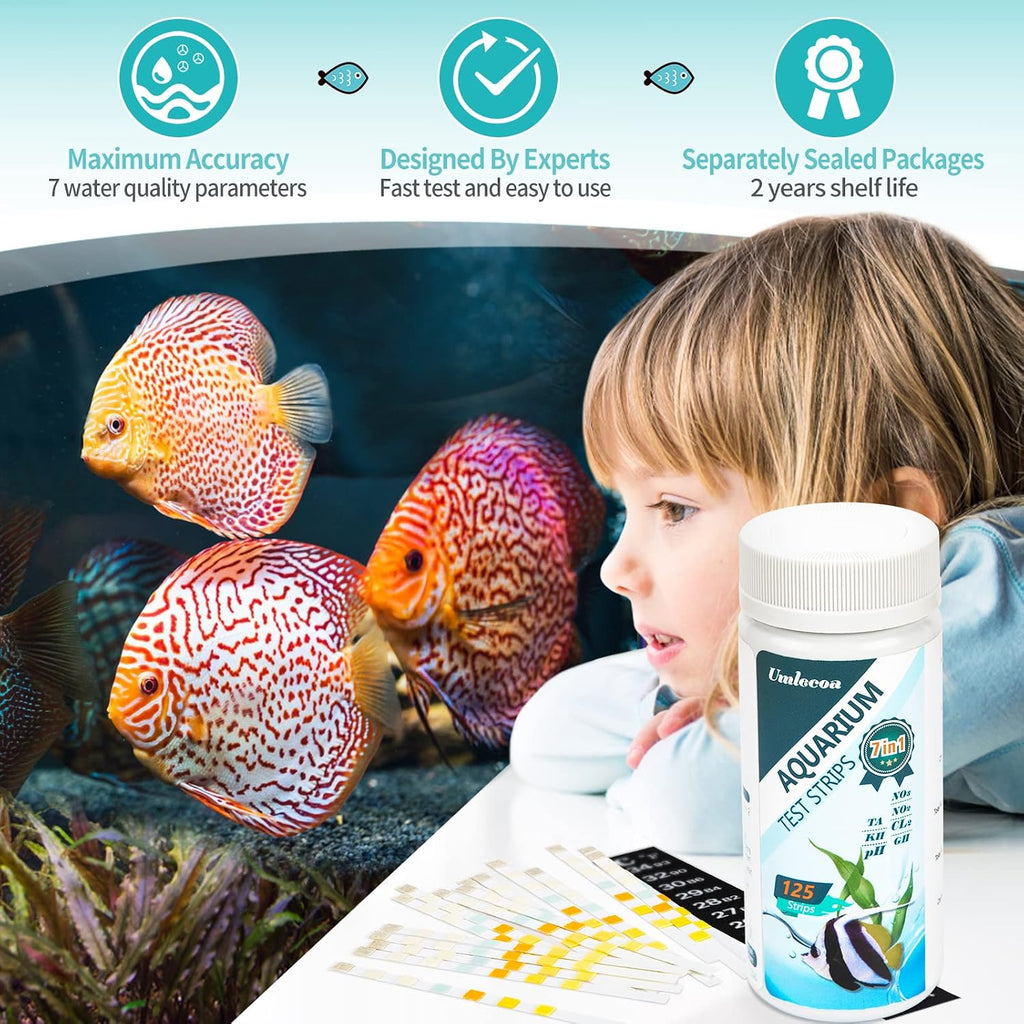 7 in 1 Aquarium Test Kit for Freshwater and Saltwater - 125 Aquarium Test Strips with Test Tube & Thermometer - Fast