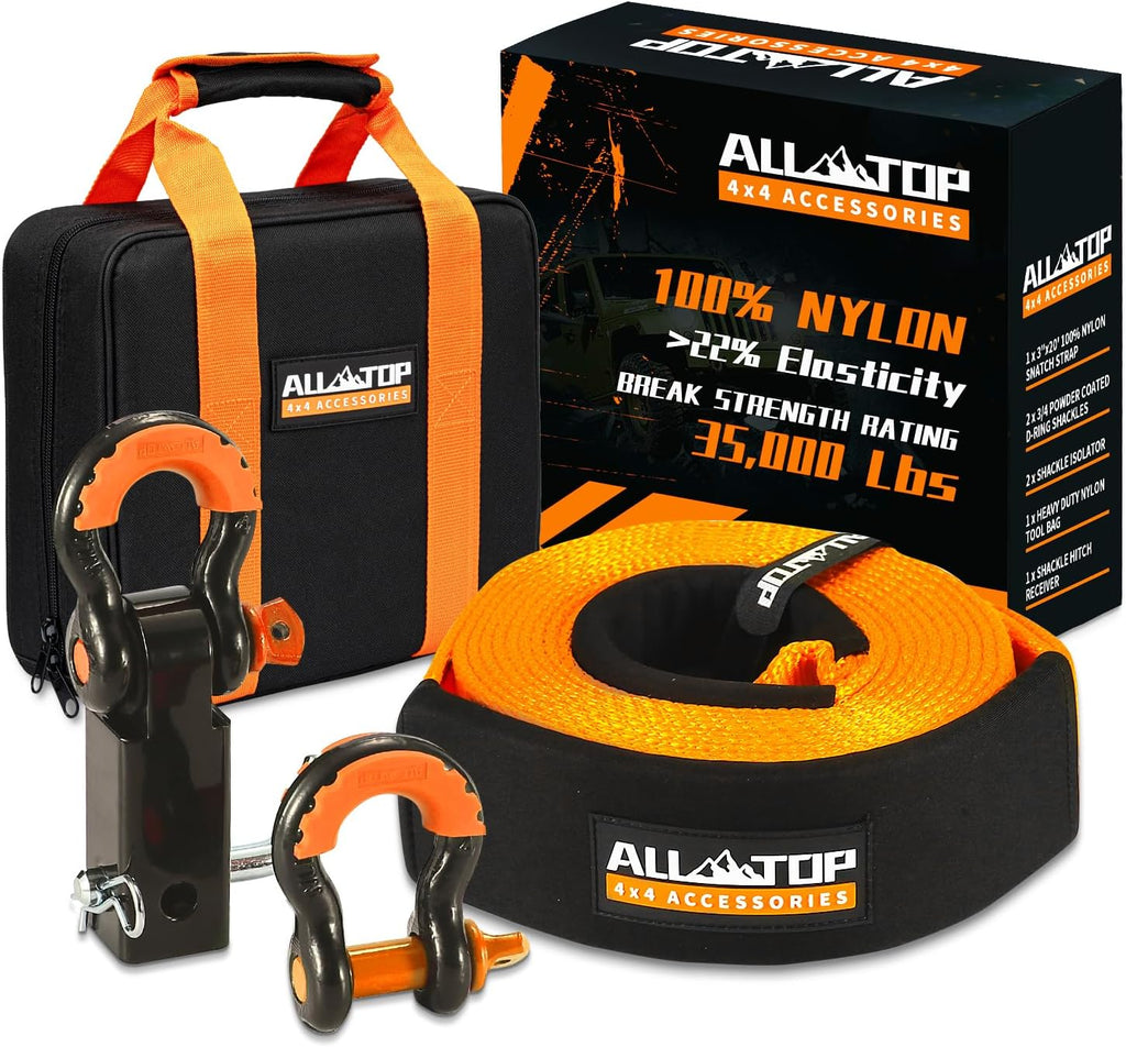 Nylon Recovery Kit with Hitch Receiver: 3" x 20' (35,000lbs) 100% Nylon Snatch Strap + 2" Shackle Hitch Receiver +