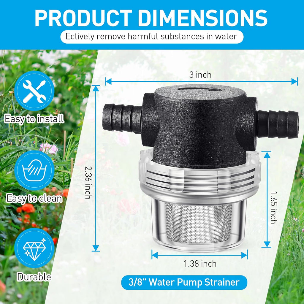 2 Pieces Water Pump Strainer 3/8 ID Hose Barb with Mesh Filter Screen