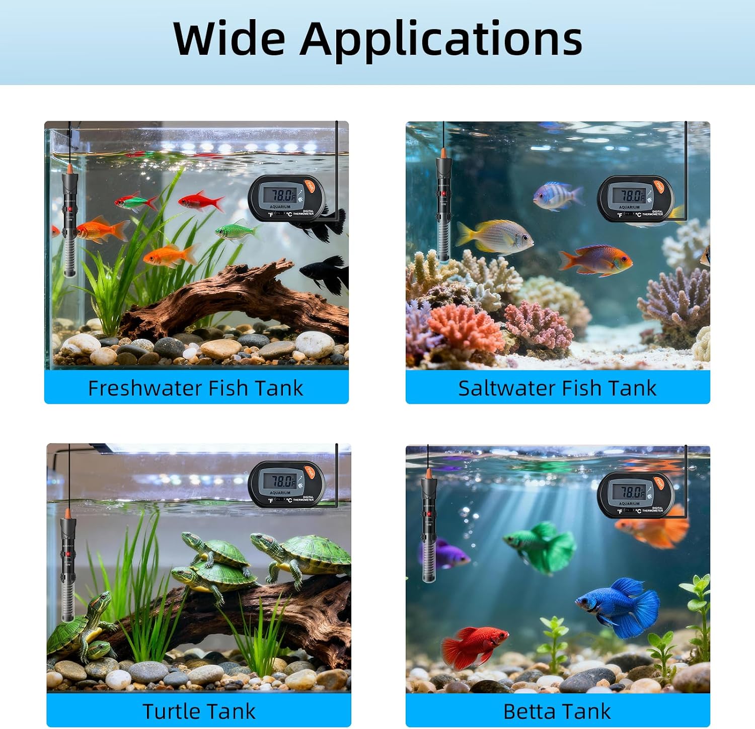 Aquarium Heater 25W/50W/100W/200W/300W, Adjustable Knob Fish Tank Heater with Digital Thermometer, Submersible