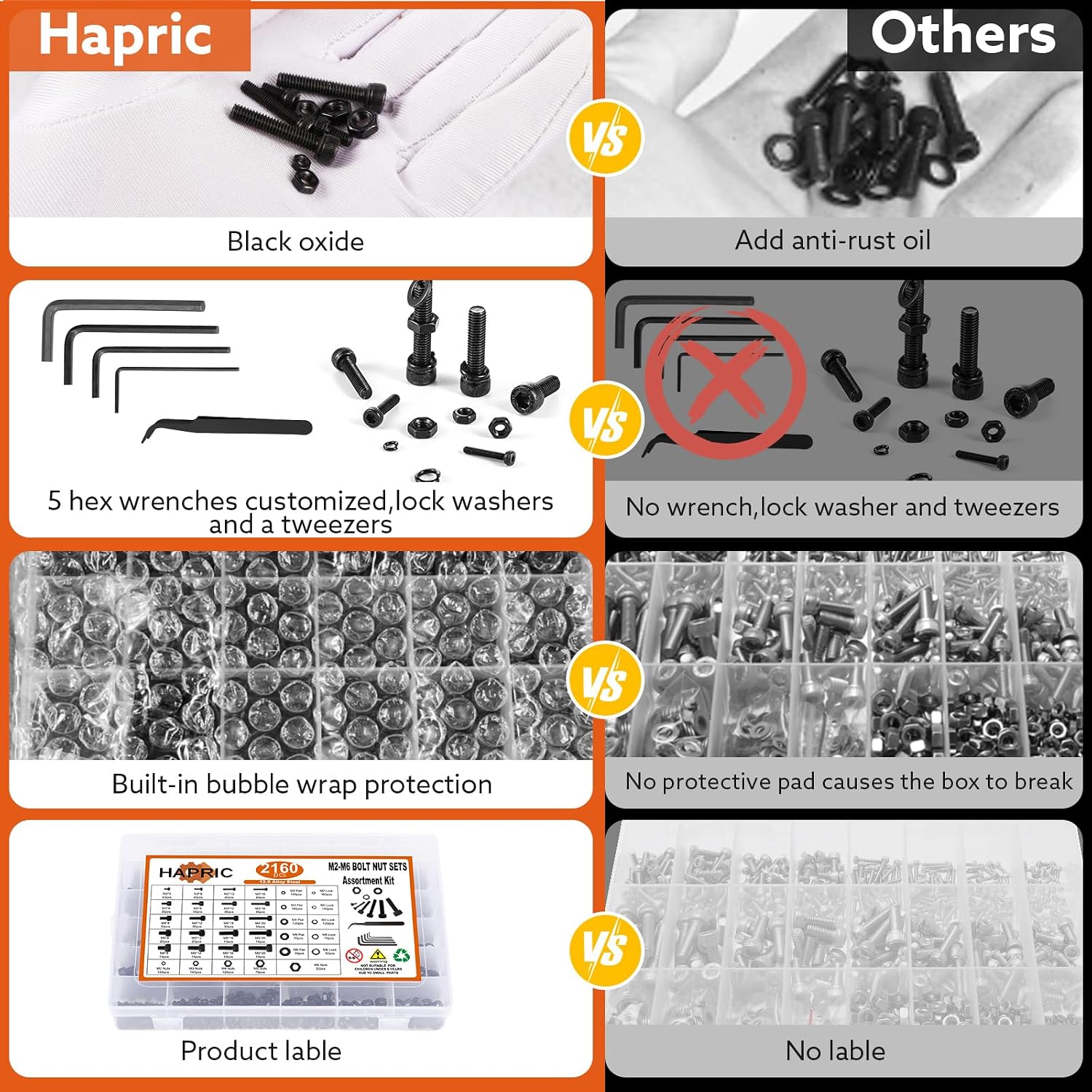 2160 Pcs Metric Screw Assortment Metric Bolts M2 M3 M4 M5 M6 Nuts and Bolt Kit, 12.9 Alloy Steel Black Zinc Plated