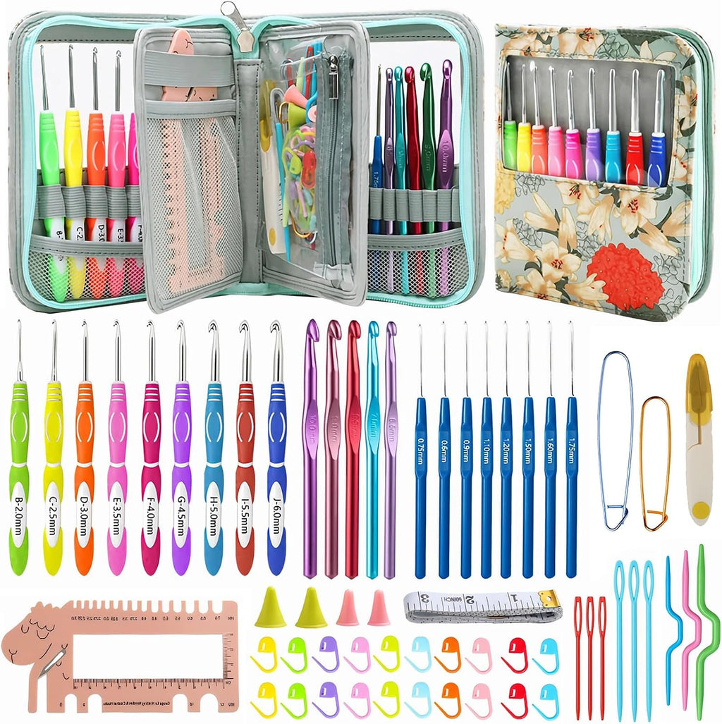 60-Piece Ergonomic Crochet Hook Set | with Case, Green
