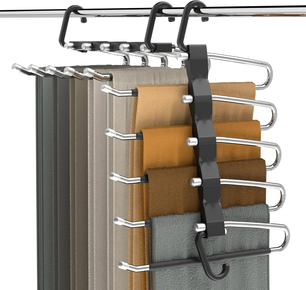 Pants Hangers Space Saving - 2 Pack Closet Organizer and Storage Jean Hangers, Stainless Steel Anti-Slip Clothes