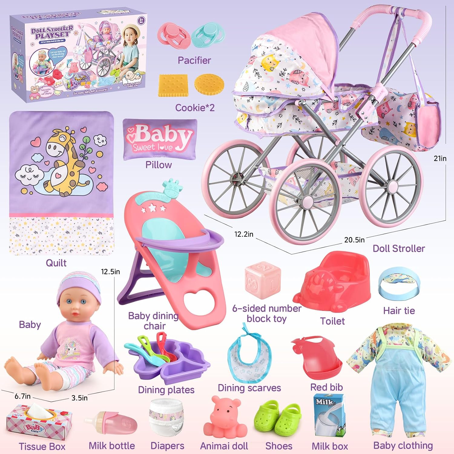Baby Doll Stroller Playset for Girls Toddlers 3-5 4-6 5-7 Year Old to Play House Games. Stroller Toy with 12.5" Baby