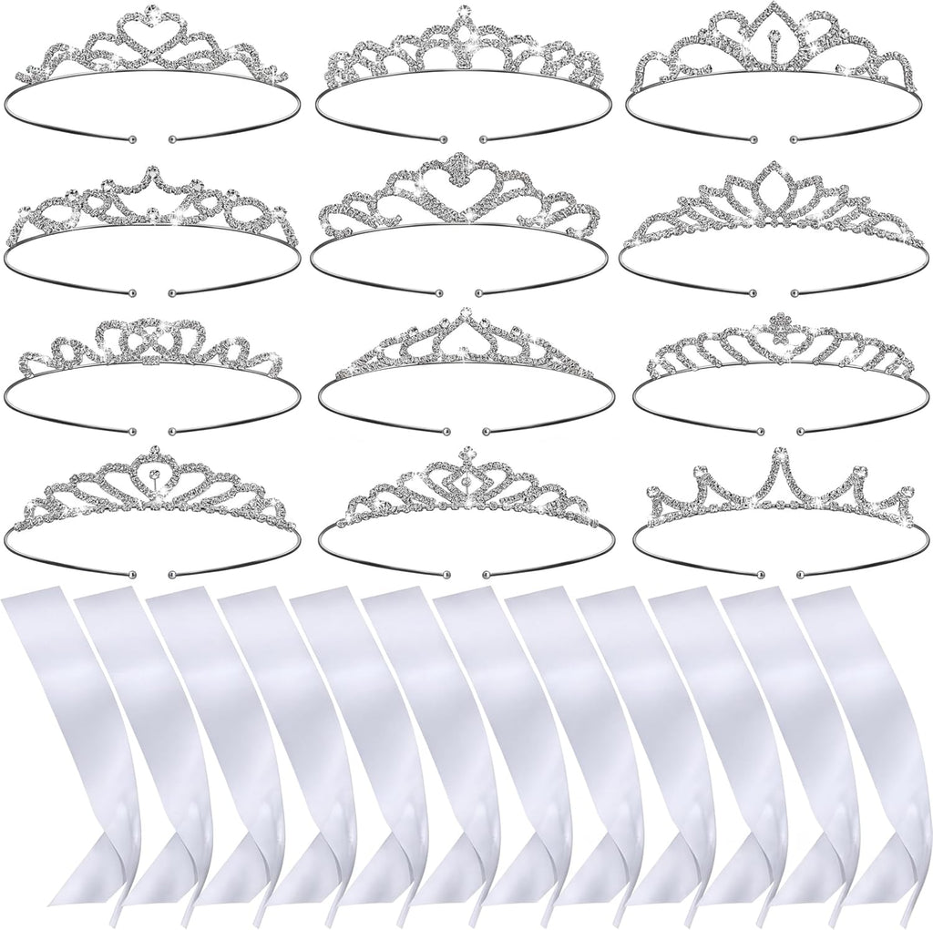 12 Set Crown and Sashes Set Blank Satin Sashes for Pageants Rhinestone Prom Queen Tiara Crown White Blank DIY for