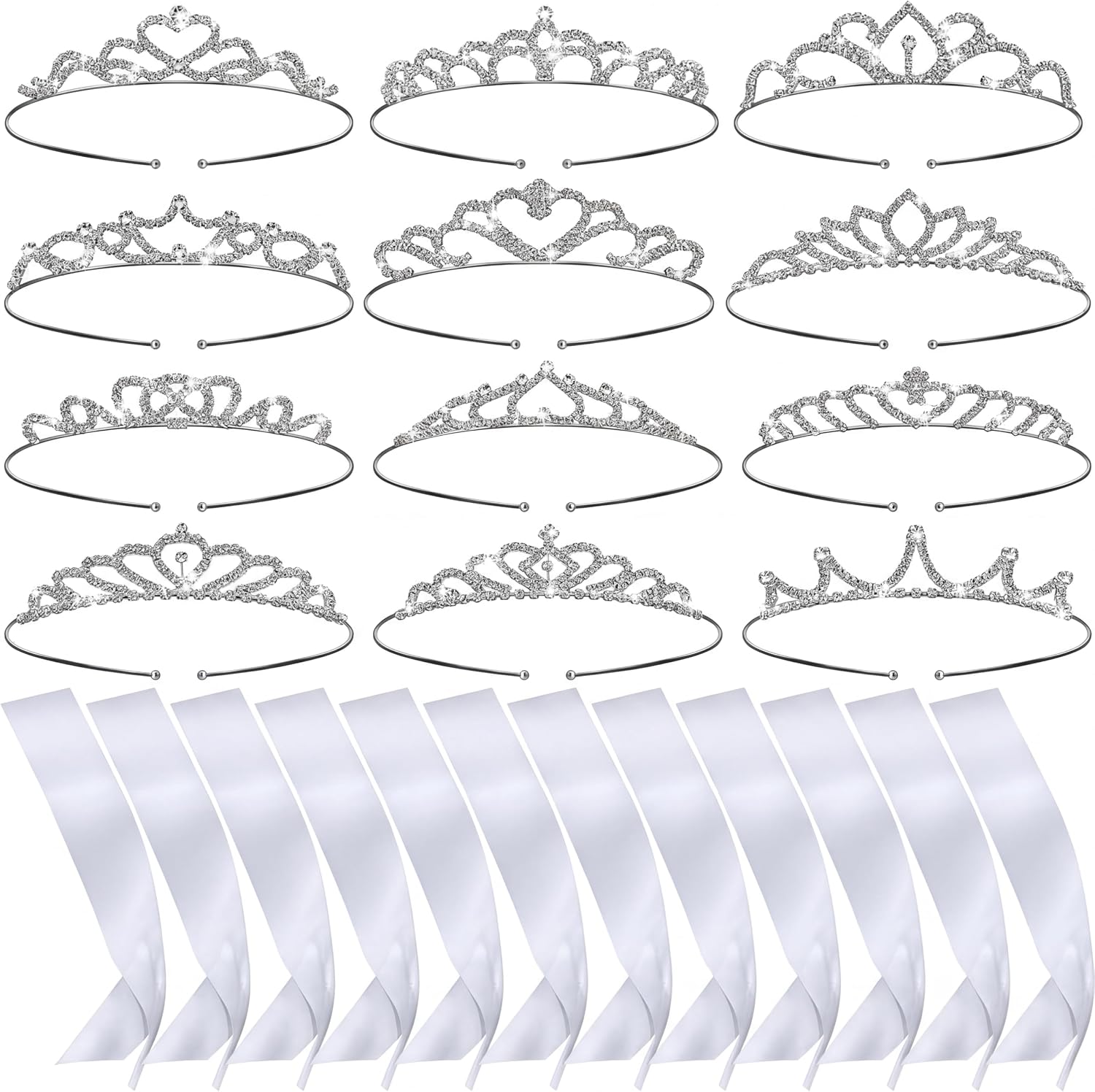 12 Set Crown and Sashes Set Blank Satin Sashes for Pageants Rhinestone Prom Queen Tiara Crown White Blank DIY for