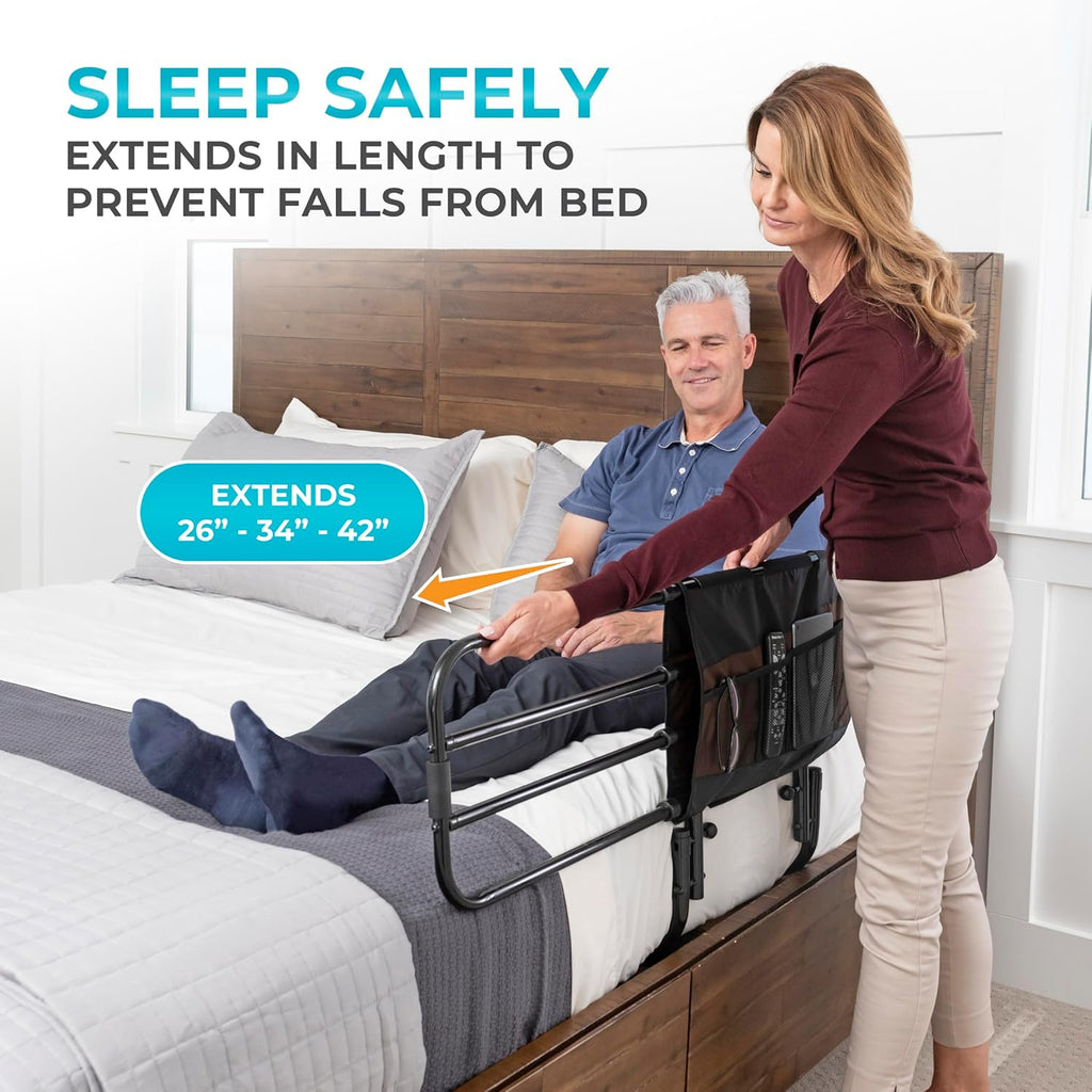 EZ Adjust Bed Rail, Adjustable Senior Bedrail and Safety Assist Railing for Elderly Adults with Organizer Pouch, ASTM