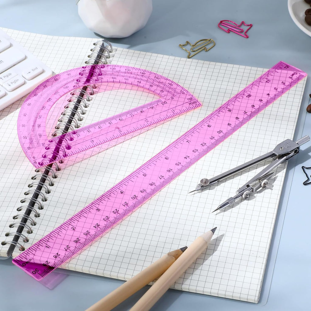 3 Pcs Plastic Ruler 6 Inch Protractor Drawing Compass Set, Student Geometry Math Transparent Measuring Tools for Home