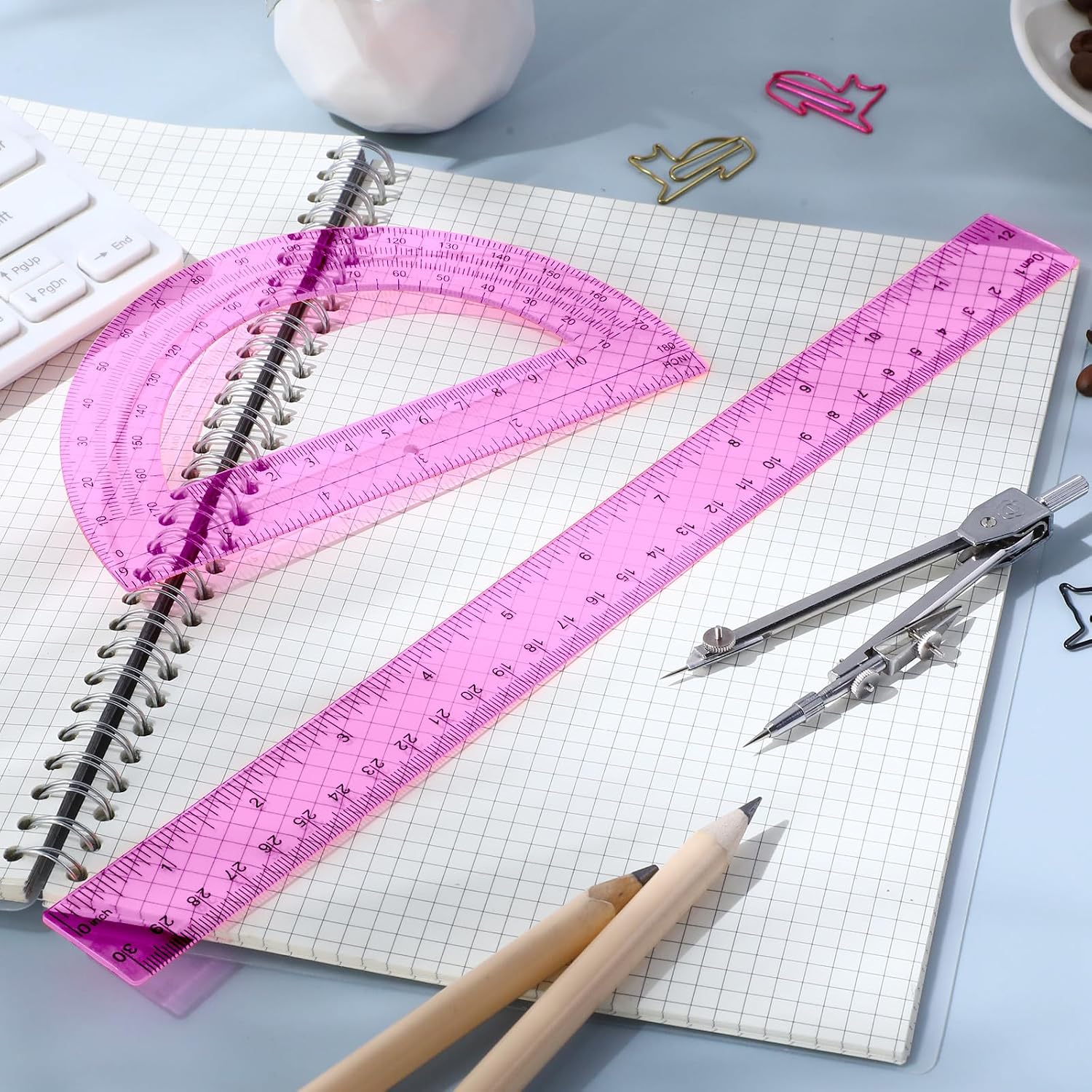 3 Pcs Plastic Ruler 6 Inch Protractor Drawing Compass Set, Student Geometry Math Transparent Measuring Tools for Home