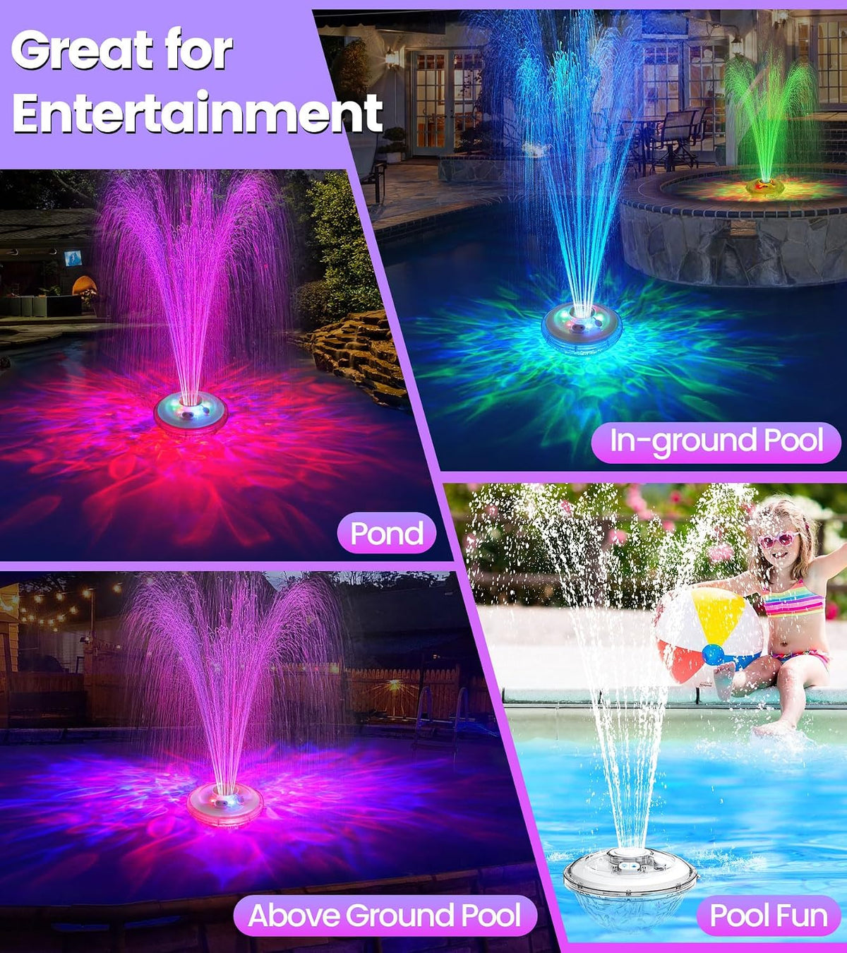Floating Pool Fountain with Lights,Pool Fountains Above Ground Pool | 2 in 1 Lights Show,Upgraded Pool Fountains with
