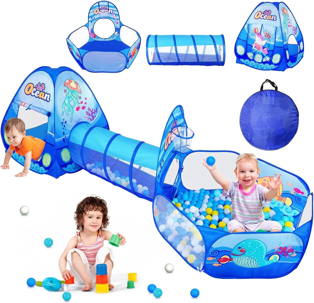 3 in 1 Kids Play Tent with Tunnel, Ball Pit, Basketball Hoop for Boys & Girls, Toddler Pop Up Playhouse Toy Baby