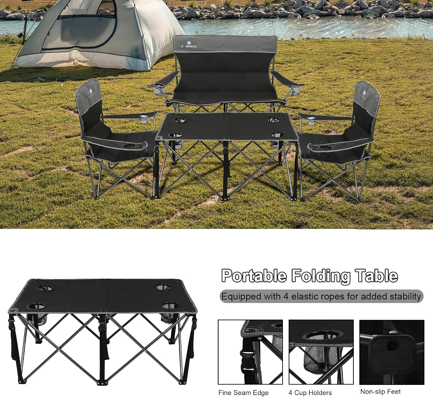 Camping Chair Set of 3, Outdoor Folding Camping Chairs for Heavy People with Cup Holder & Carry Bag,Collapsible Chair