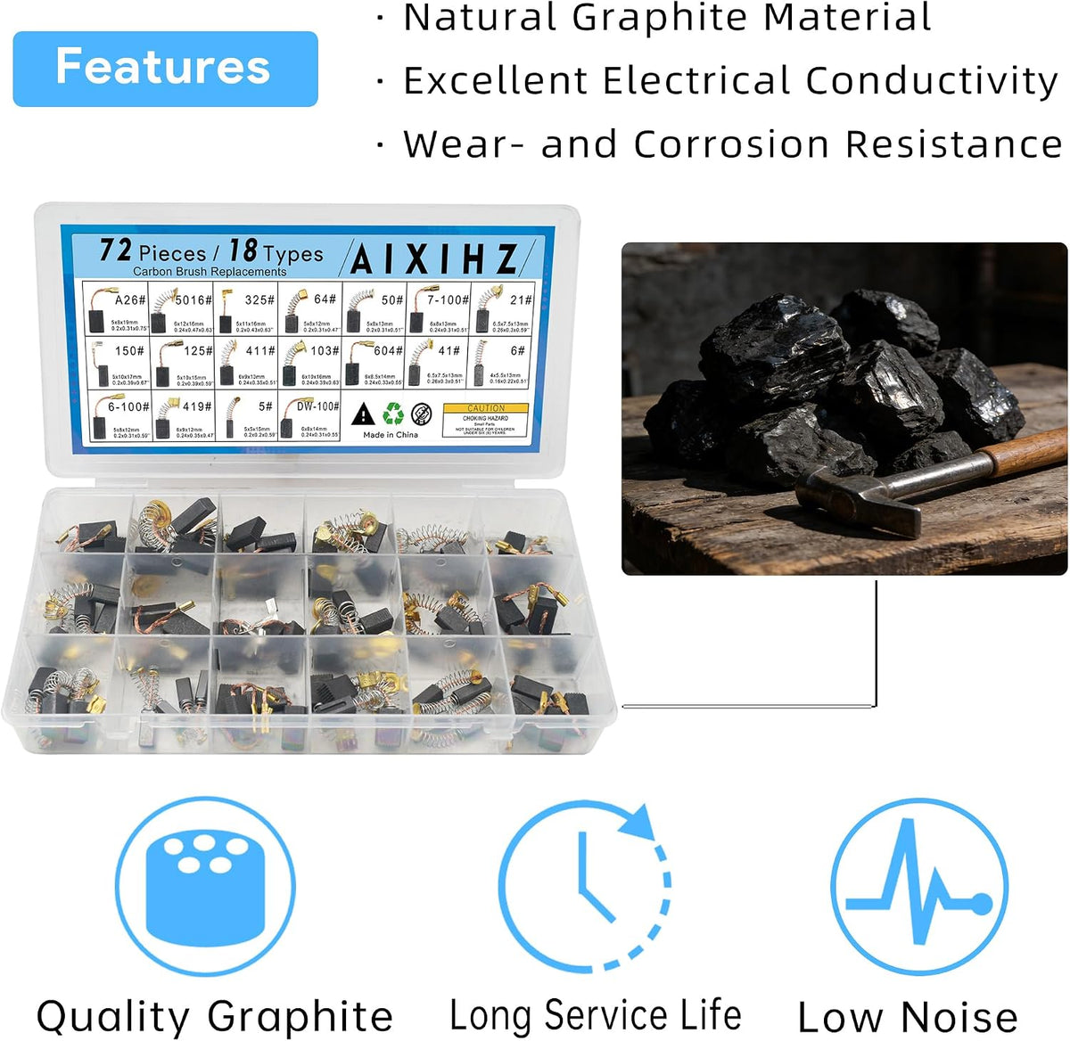 72PCS Carbon Brushes Set, 18 Sizes for Power Tools & Drills
