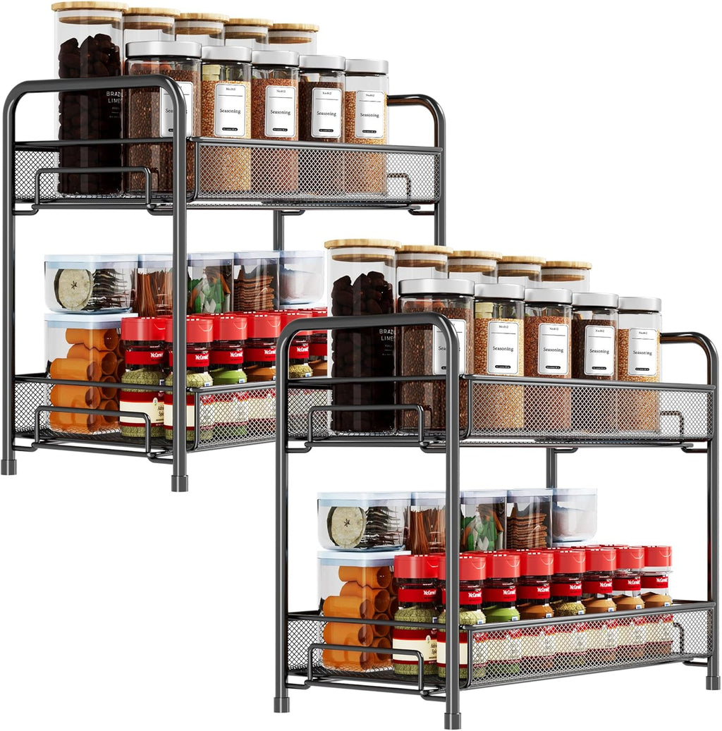 Spice Rack Organizer for Countertop 2 Pack, 2-Tier Counter Foldable Metal Standing Large Seasoning Storage Shelf for