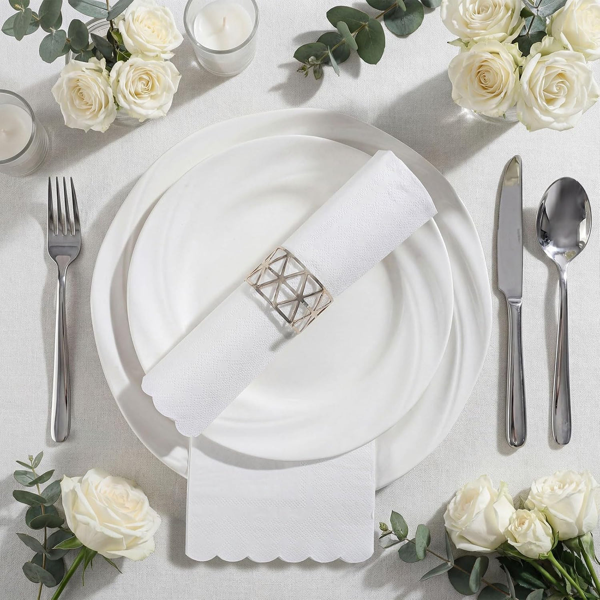 60 Pcs White Napkins, 2 Ply Disposable Scalloped Napkins