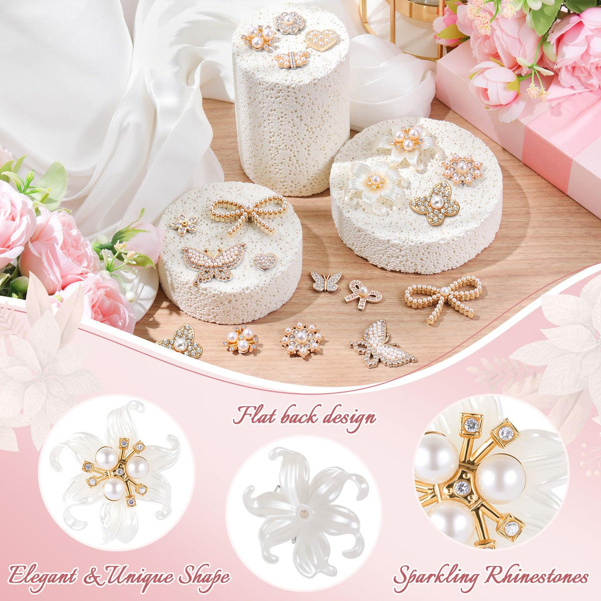 140 Pcs Rhinestone Buttons Flower Embellishments, Butterfly, White