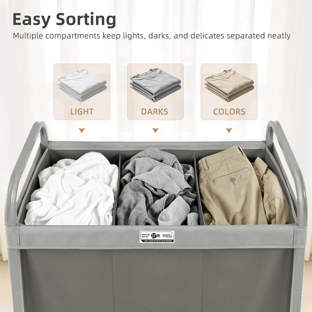 3 Section Laundry Sorter, 60 Gal. Laundry Hamper Cart with Heavy Duty Rolling Lockable Wheels and Removable Bags