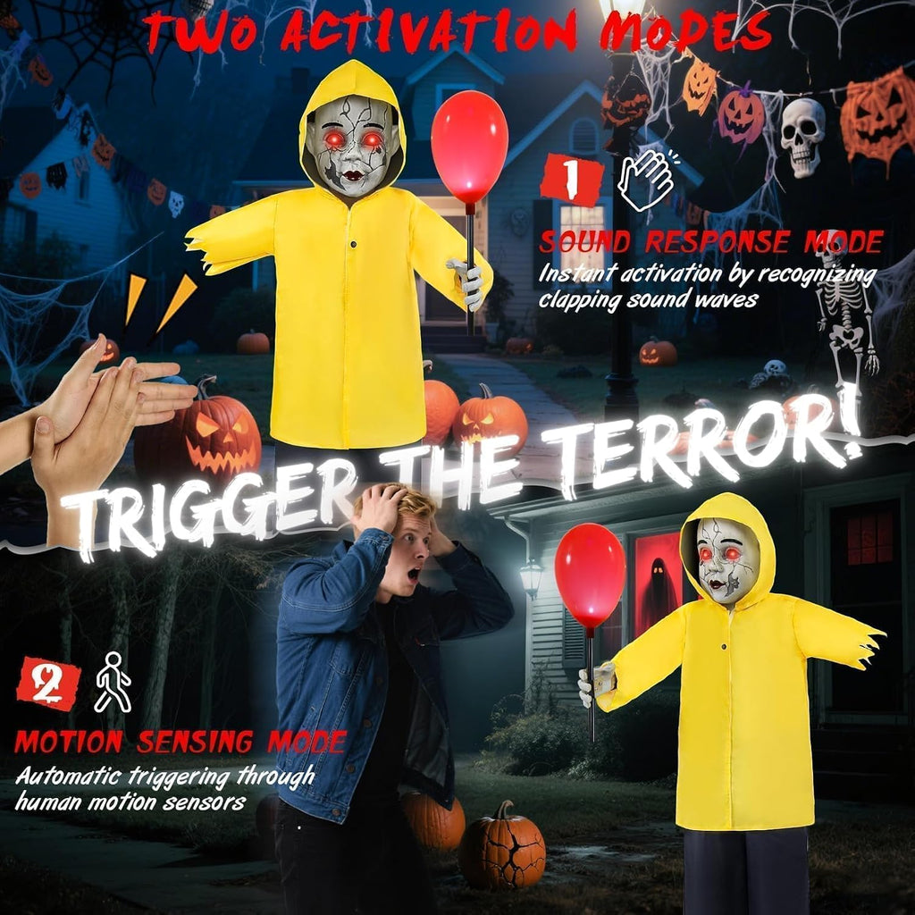 Halloween Decorations Outdoor 4FT Life Size Scary Boy Animatronics Prop | Glowing Red Balloon Sound & Motion