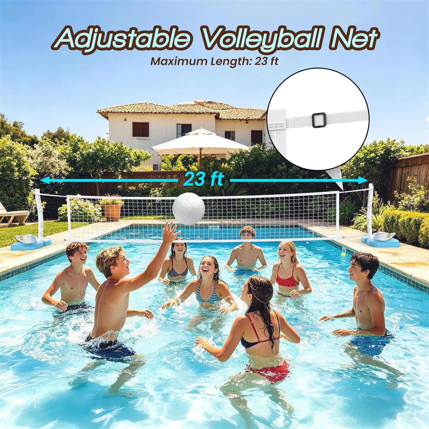 Pool Basketball Hoop and Volleyball Net Combo Set, with Stainless Steel Frame, 8 Lighting Modes, Dual-Mode Summer