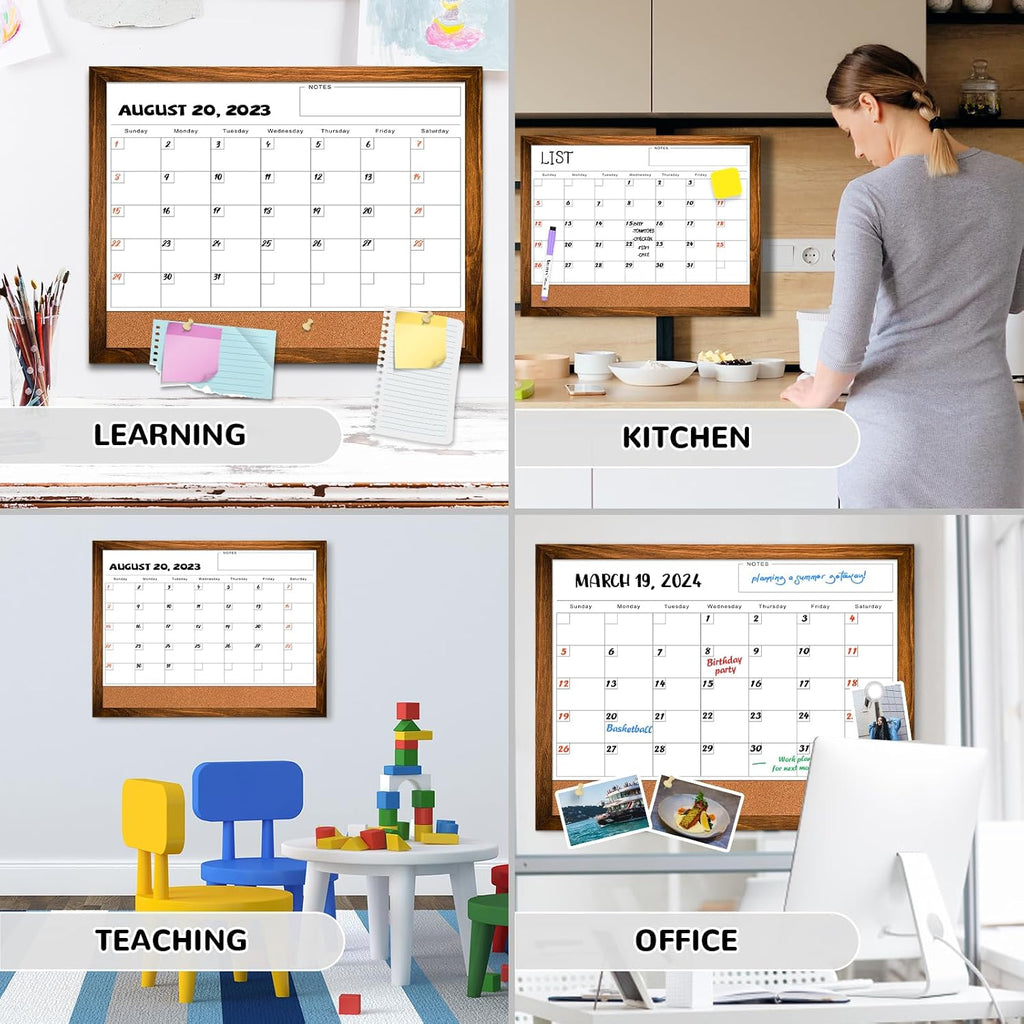 Dry Erase Monthly Calendar Board for Wall, 17"x13" Hanging Board, Magnetic White Boards, Rustic Brown Wood Frame