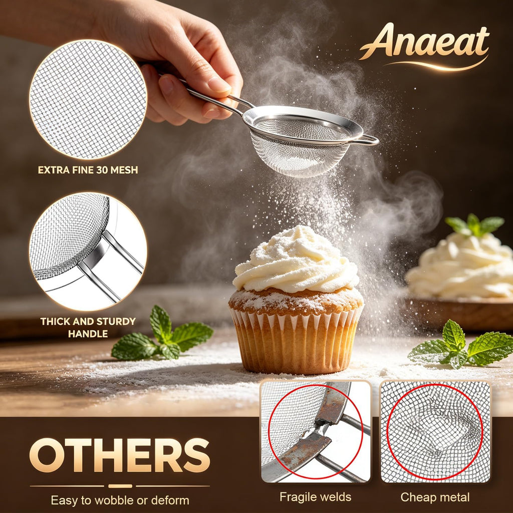 Anaeat Fine Mesh Strainers - Premium Stainless Steel Colander Sieve Sifters, with Durable Mesh and Sturdy Handle, Excellent for Sifting Dry ingredients, Flour, Pastas, Rice, Tea (3.94"）