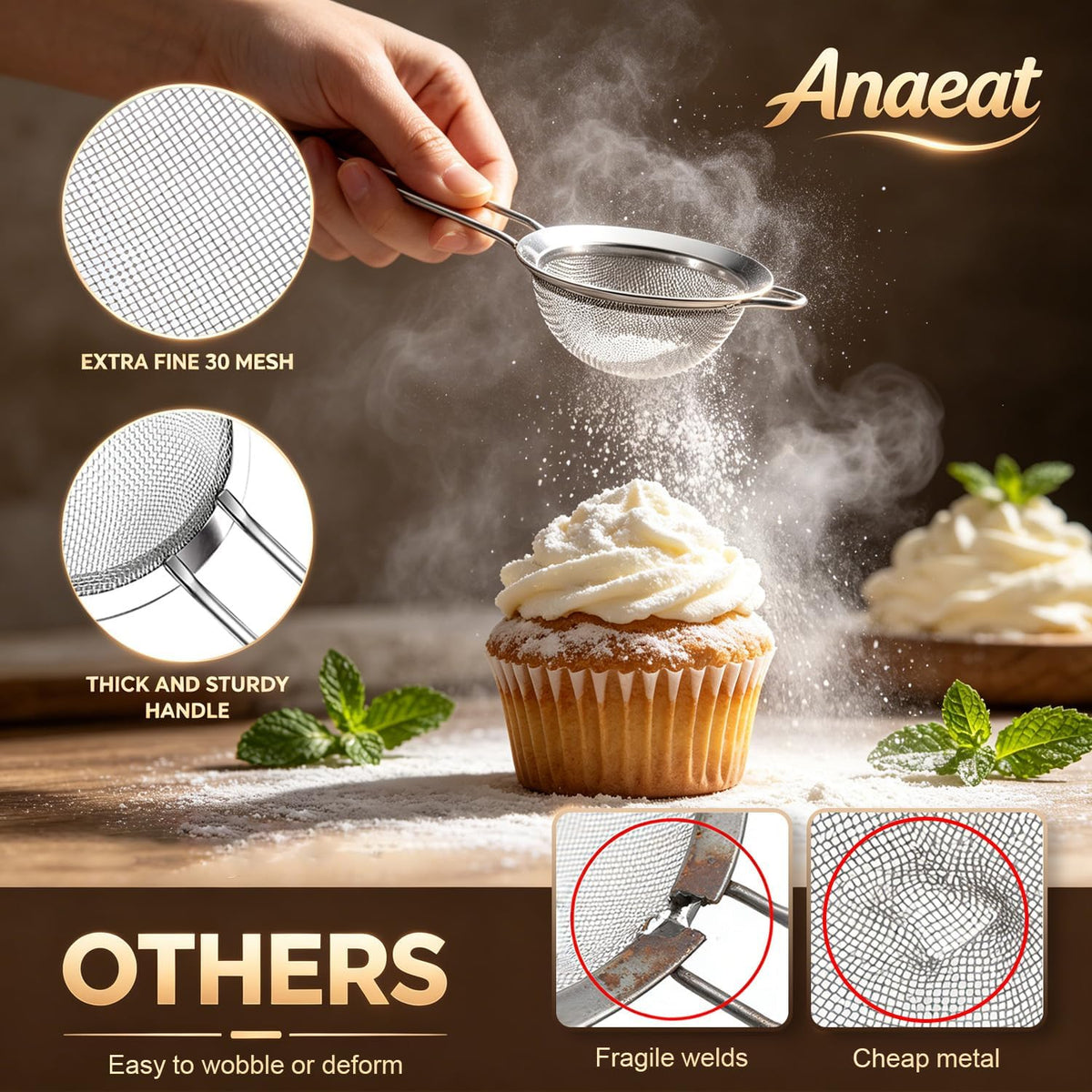 Anaeat Fine Mesh Strainers - Premium Stainless Steel Colander Sieve Sifters, with Durable Mesh and Sturdy Handle, Excellent for Sifting Dry ingredients, Flour, Pastas, Rice, Tea (3.94"）