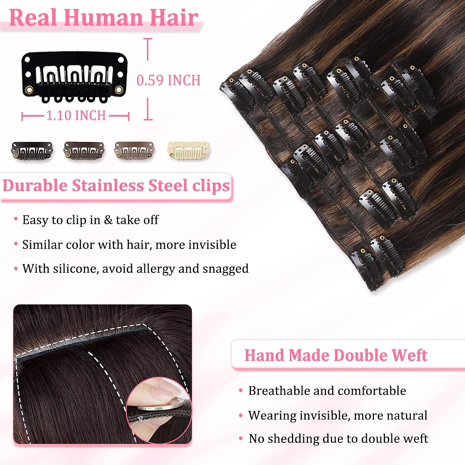 Clip in Hair Extensions Real Human Hair Dark Brown Highlights for Women | Seamless, Balayage, 100% Human Hair