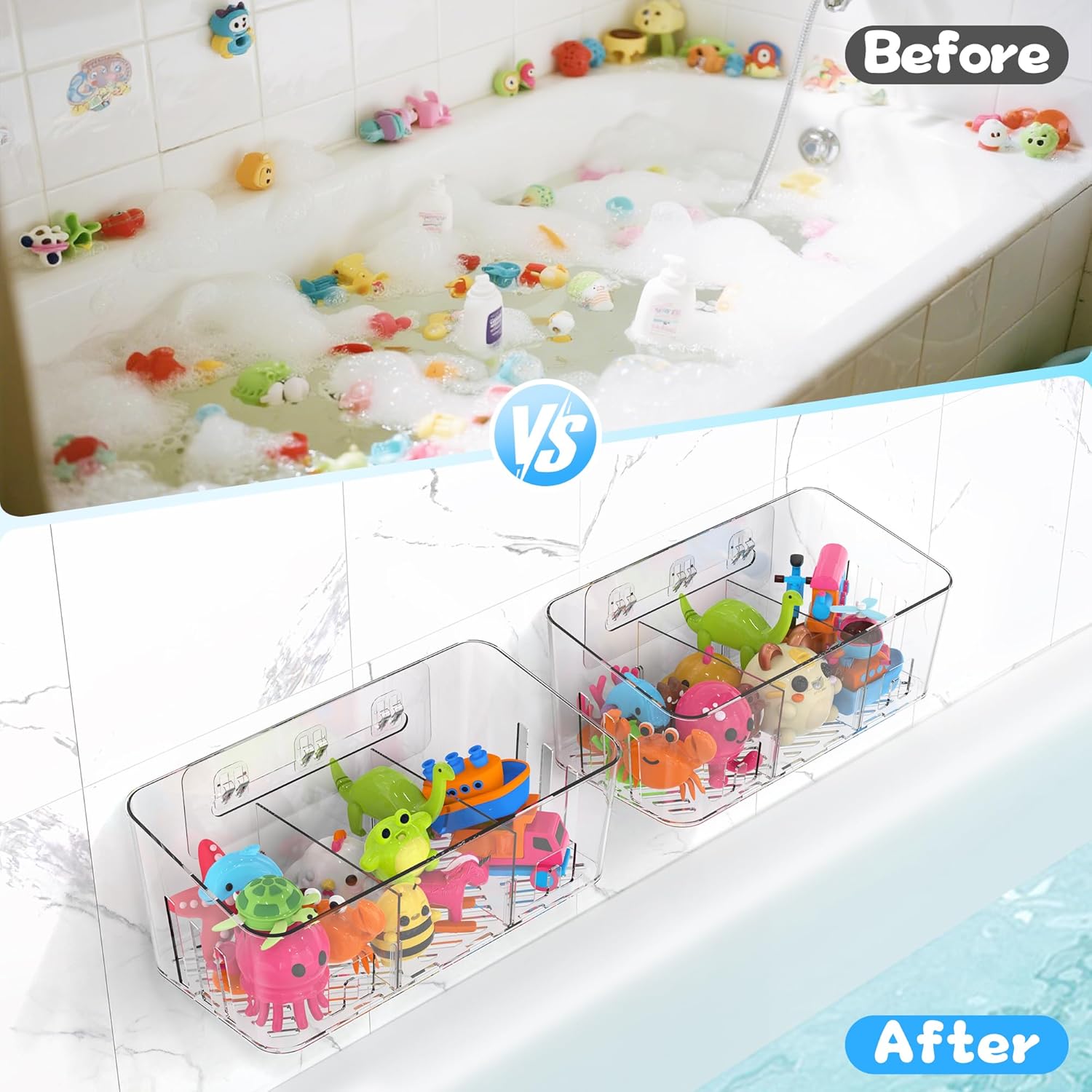 Bath Toy Storage 2 Packs, Large Bath Toy Holder - 3 Compartments, Quick-Dry | BPA-Free Bathtub Toy Organizer