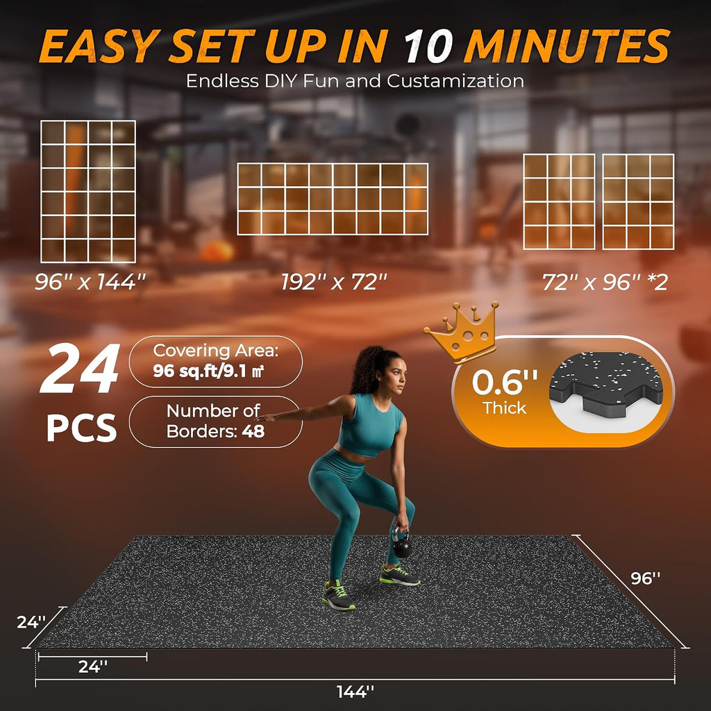 0.6" Thicker Rubber Top Gym Flooring for Home Gym, 24 Pcs 96 Sq Ft Workout Mats, Exercise Mat, Interlocking Rubber