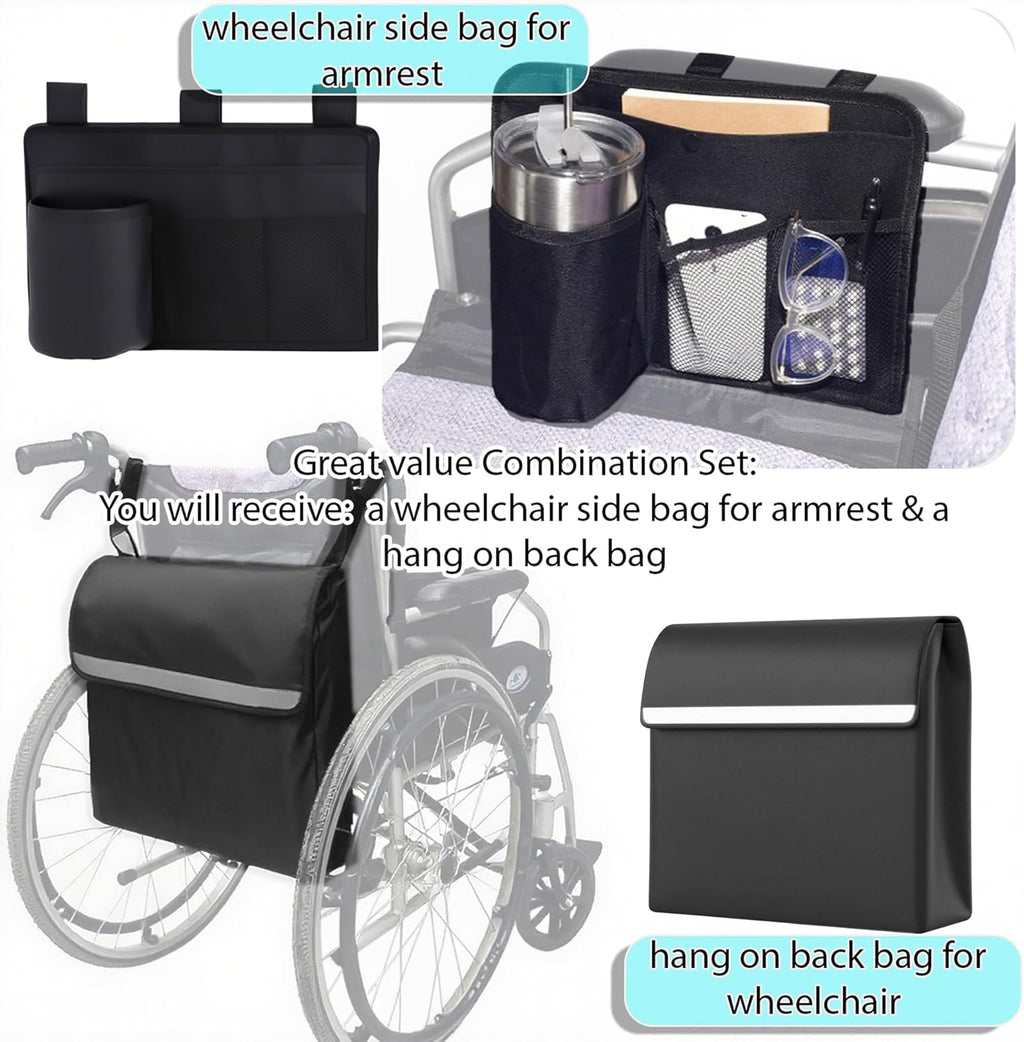 Wheelchair Accessories 2-Pack Set: Wheelchair Side Bag with Cup Holder & Back Bag - Fits All Wheelchairs | Wheelchair