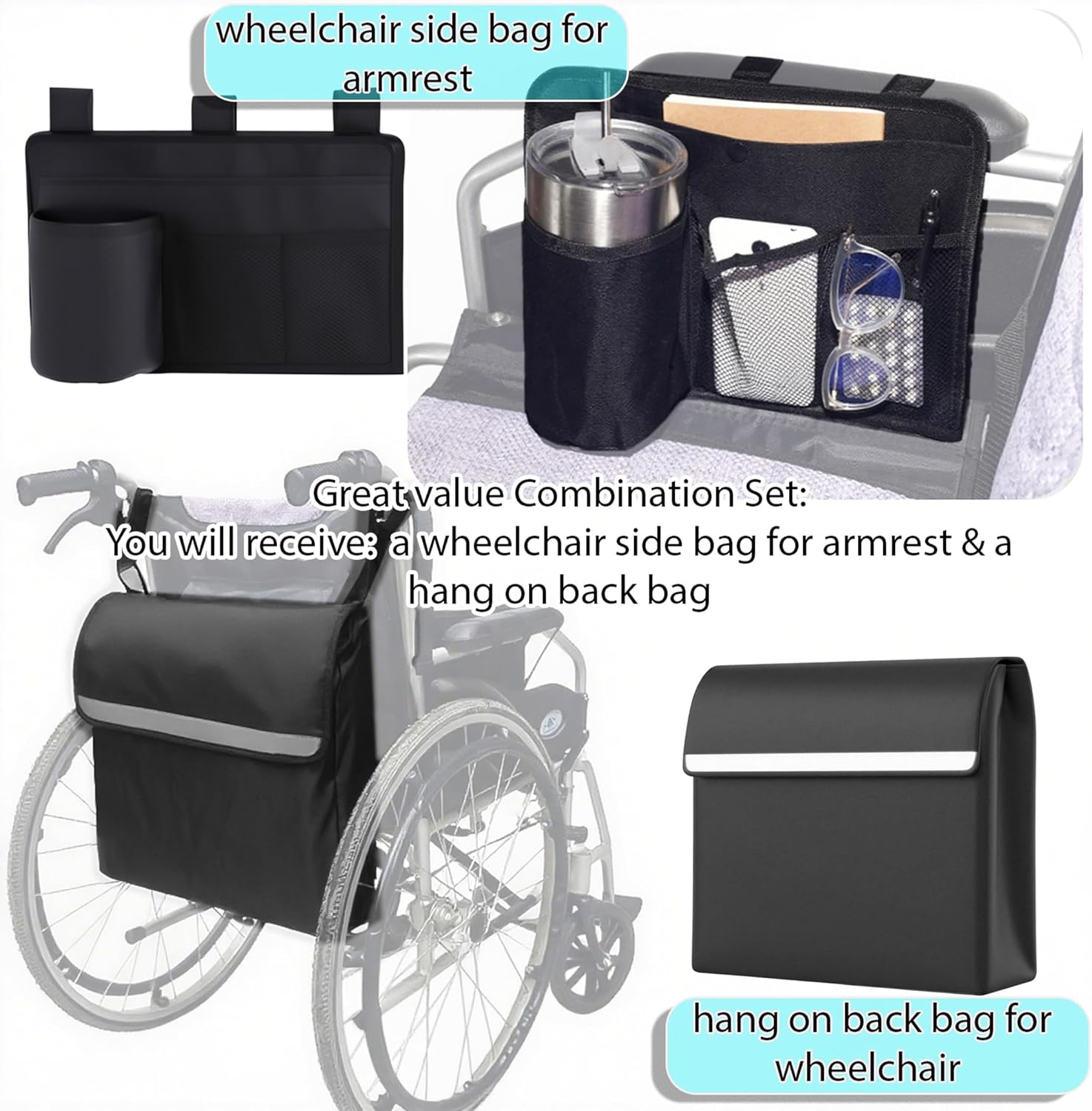 Wheelchair Accessories 2-Pack Set: Wheelchair Side Bag with Cup Holder & Back Bag - Fits All Wheelchairs | Wheelchair