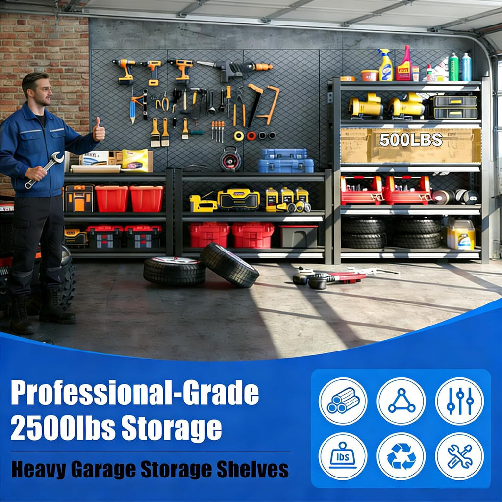 Heavy Duty Garage Shelving Unit, 5-Tier Adjustable Metal Shelving, 2500 lbs Capacity Steel Storage Shelves