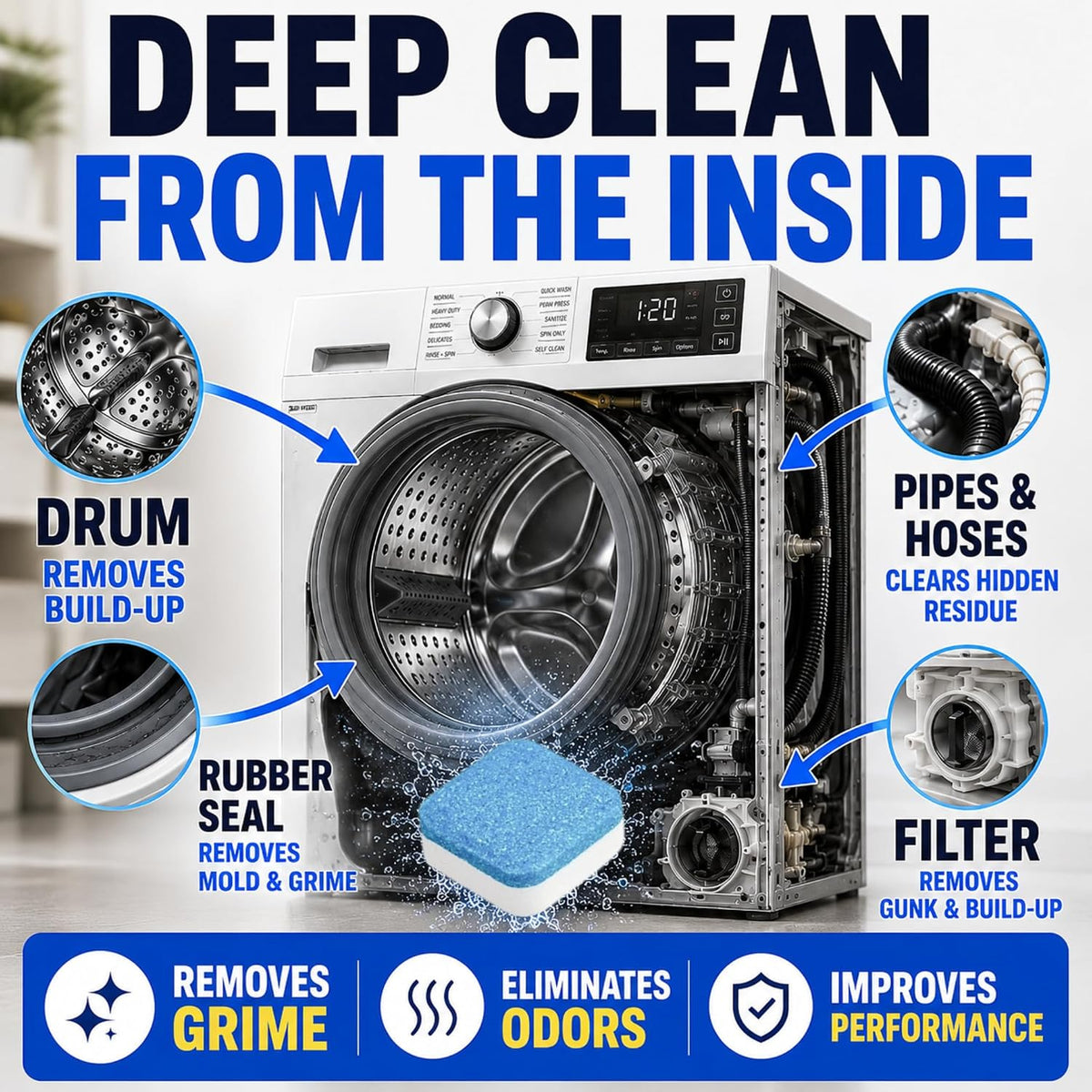 Washing Machine Cleaner Tablets - Penetrating Deep Clean Washer Cleaner Tablets For Front Loader And Top Load HE