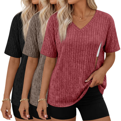 3 Pack Women's V Neck Nursing T-Shirts, 3-Color, Large