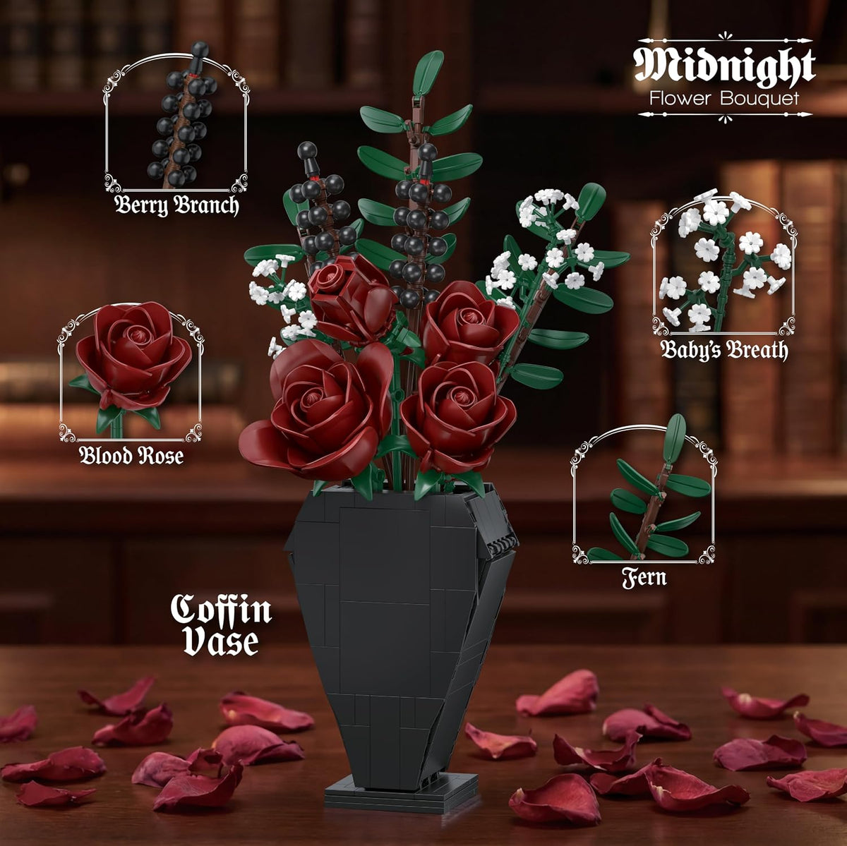Bricktanicals Midnight Flower Bouquet Building Set, Gothic Blood Rose Halloween Arrangement with Coffin Vase
