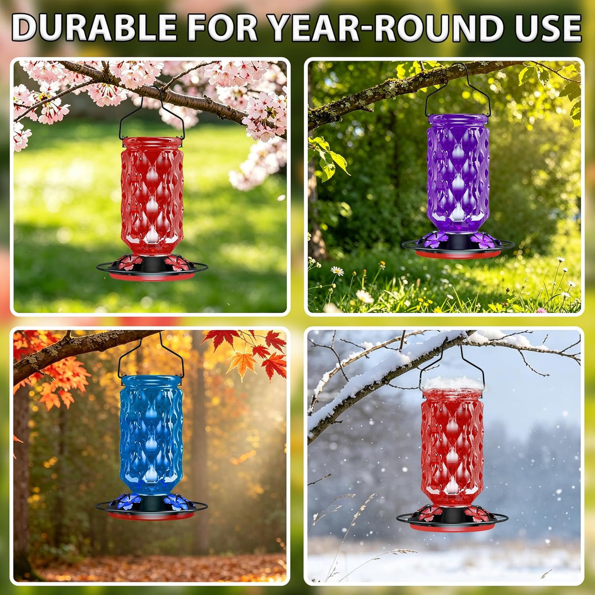 Glass Hummingbird Feeder, Outdoor Hanging, 25 OZ Large Nectar Capacity, Red