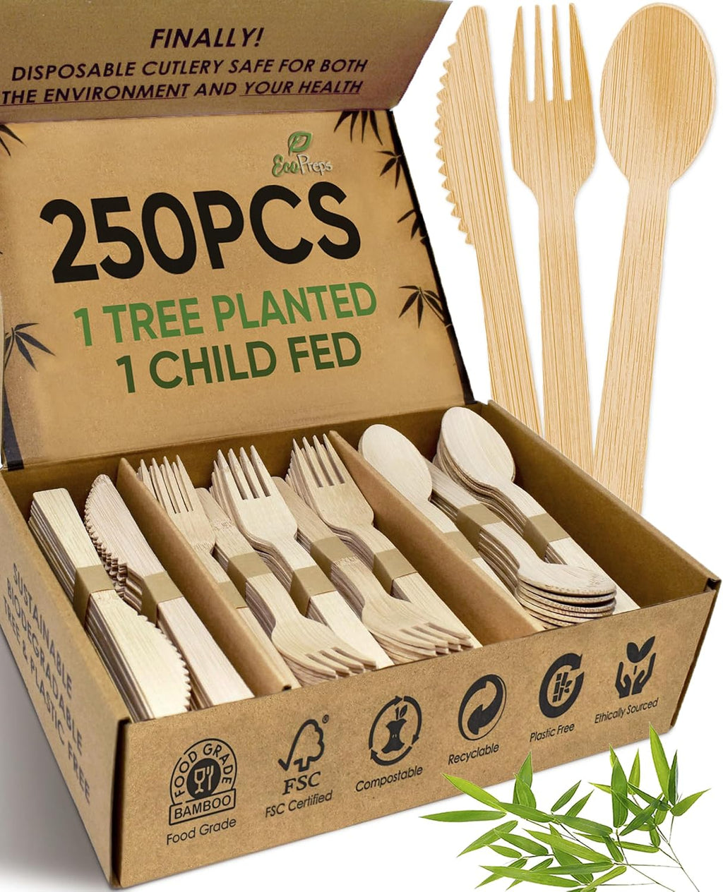 100% Bamboo Cutlery Set, Disposable Compostable Utensils, 250 PCS