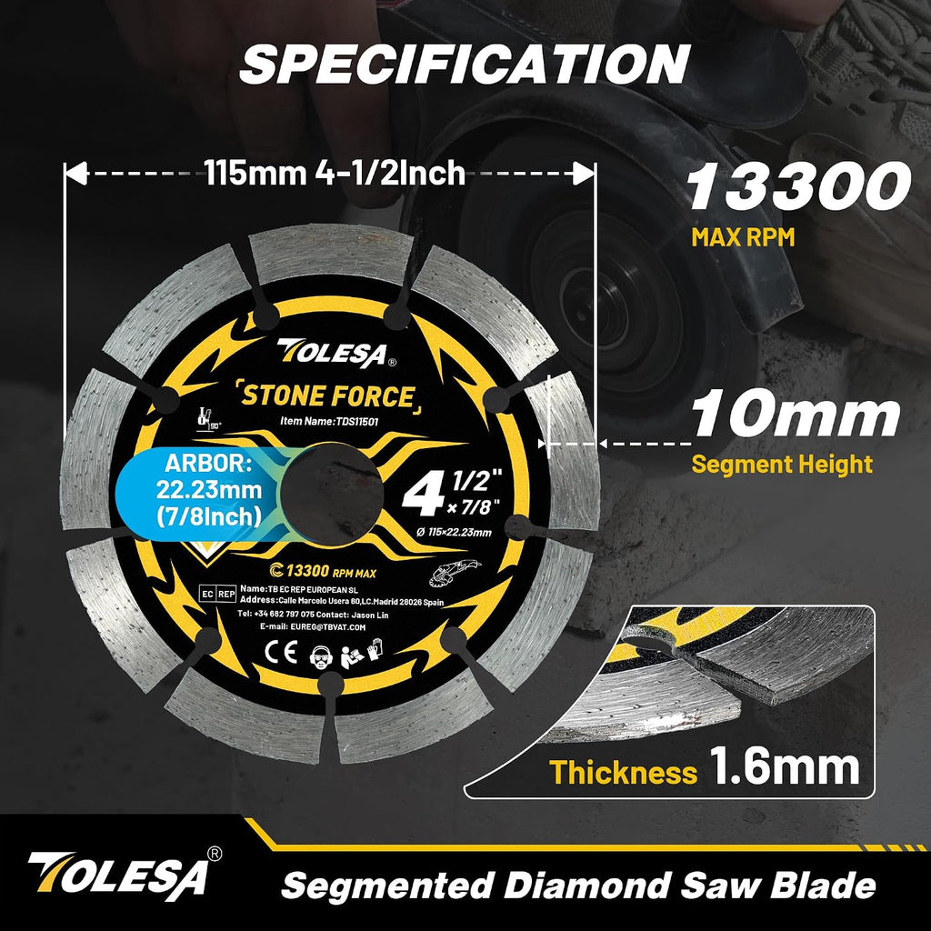 4-1/2 Inch Segmented Diamond Blade for Angle Grinder, Diamond Cutting Wheel with 7/8" Arbor, 20mm & 16mm Adapter