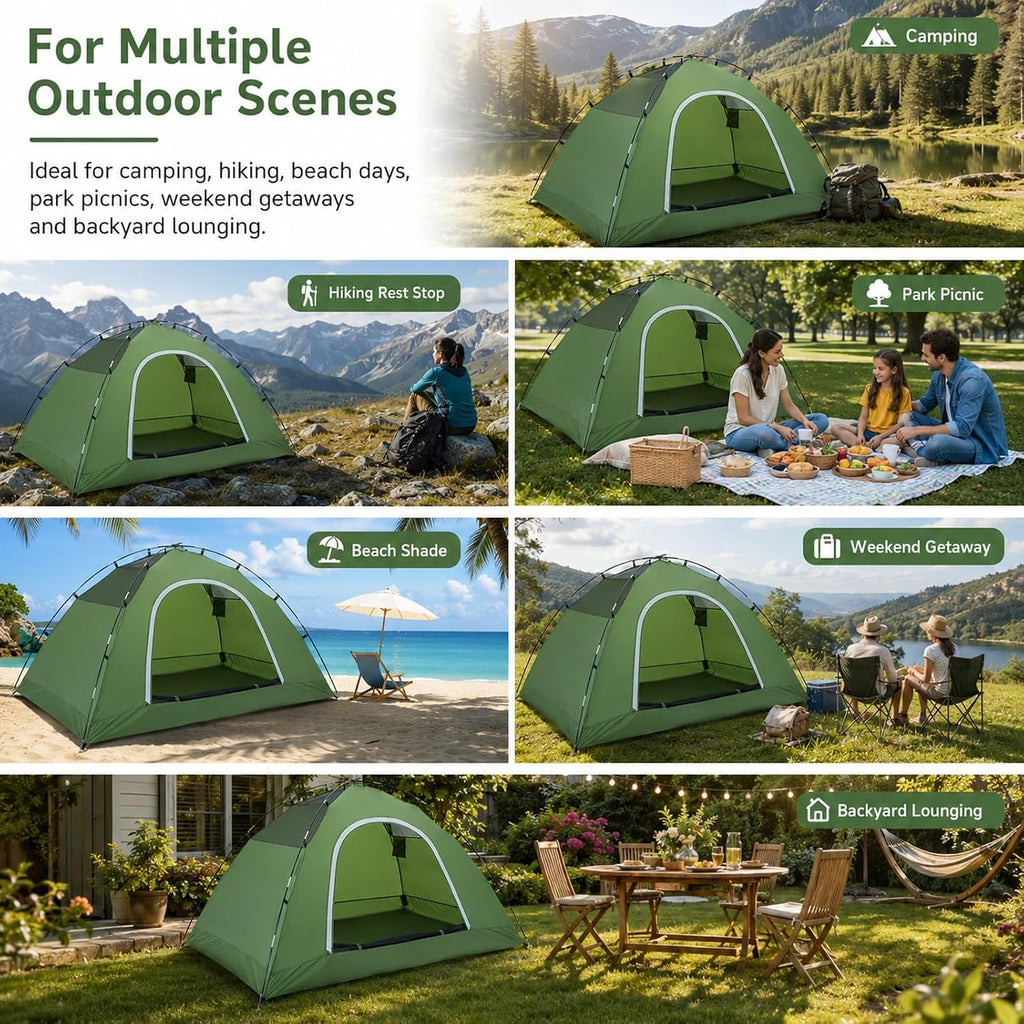 Green Camping Tent for 2 to 3 Person, Portable Outdoor Tent with Carry Bag, Reinforced Sealed Corners for Camping
