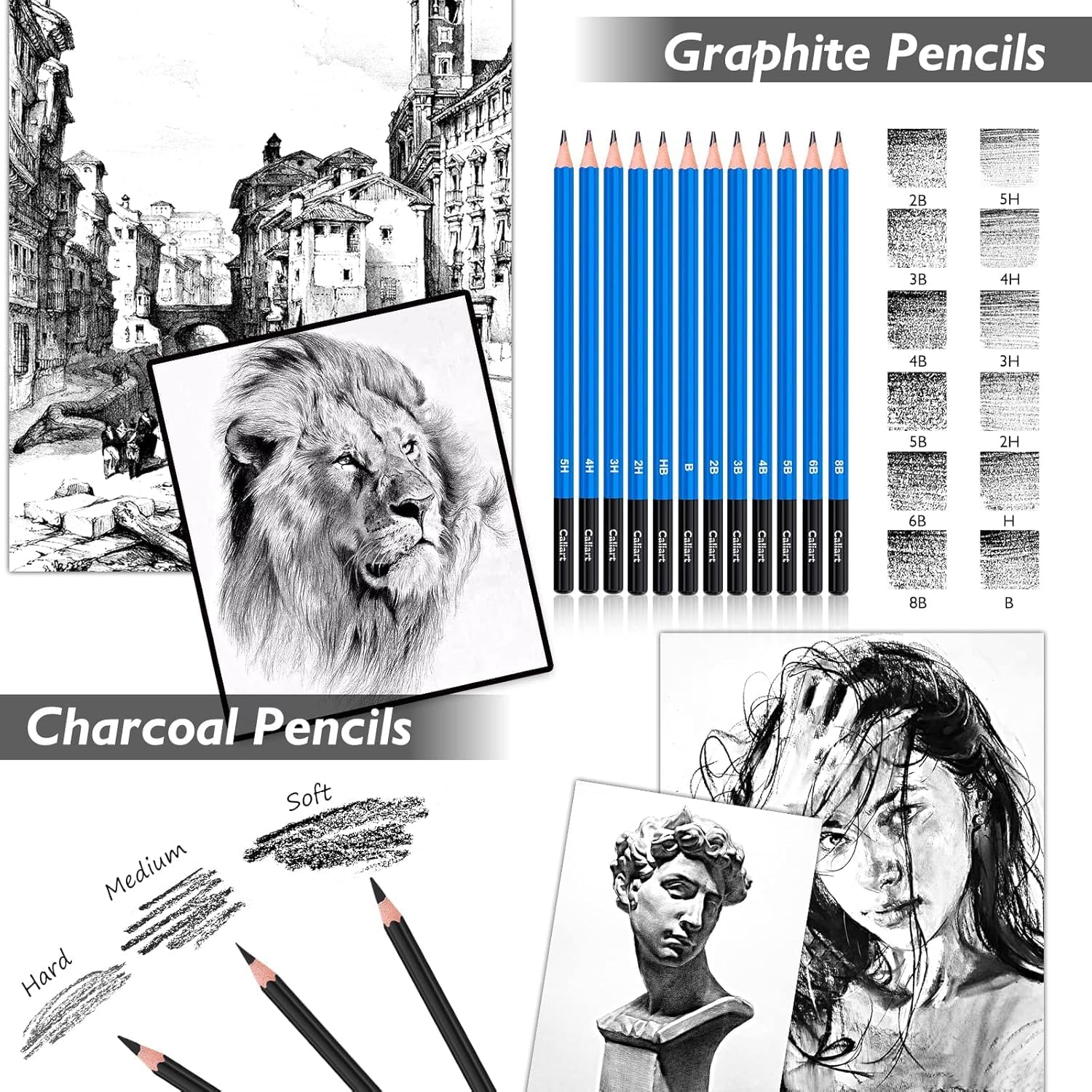 176PCS Art Supplies Sketching Kit with 100 Sheets 3-Color Sketch Book, Graphite Colored Charcoal Watercolor &