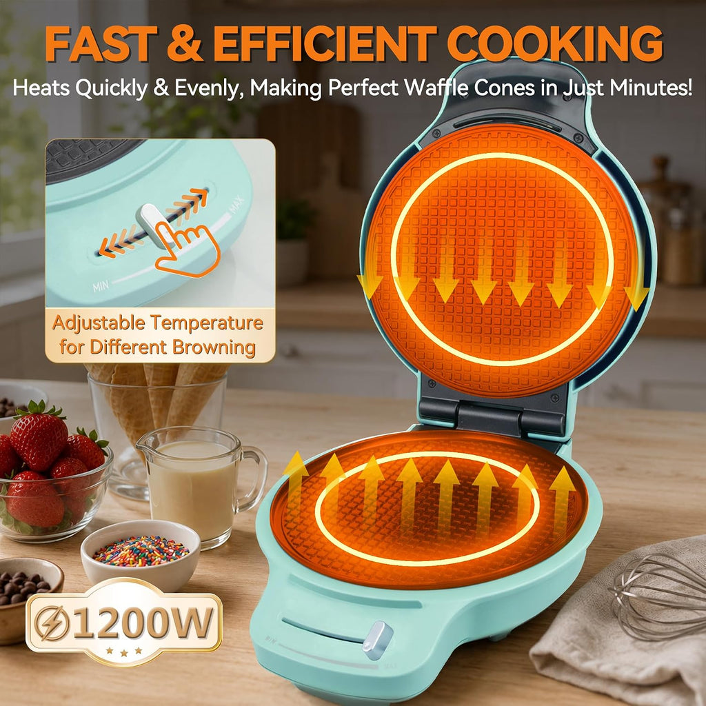 Waffle Cone Maker Machine with Browning Control, 7.5” Ice Cream Cone Maker, Cone Roller & Bowl Press Included,Thin
