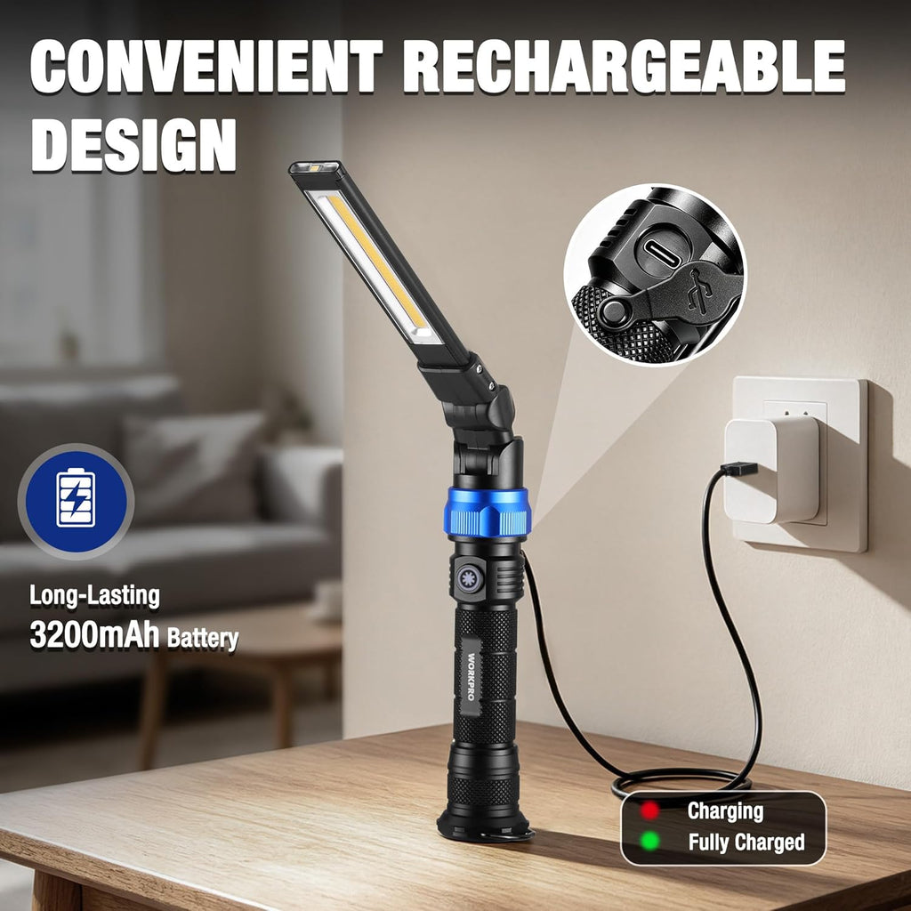 Magnetic LED Work Light, 3200mAh Foldable Rechargeable Flashlight, Mechanic Light with 360° Rotation & Dimming Mode