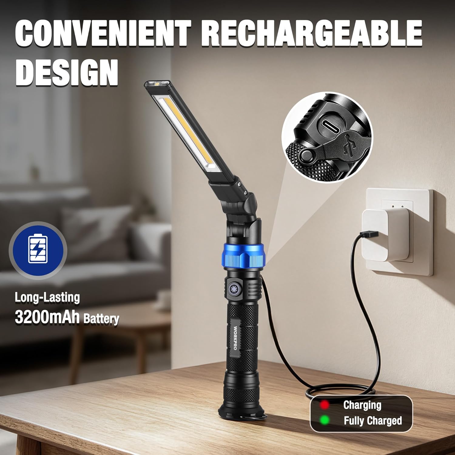 Magnetic LED Work Light, 3200mAh Foldable Rechargeable Flashlight, Mechanic Light with 360° Rotation & Dimming Mode
