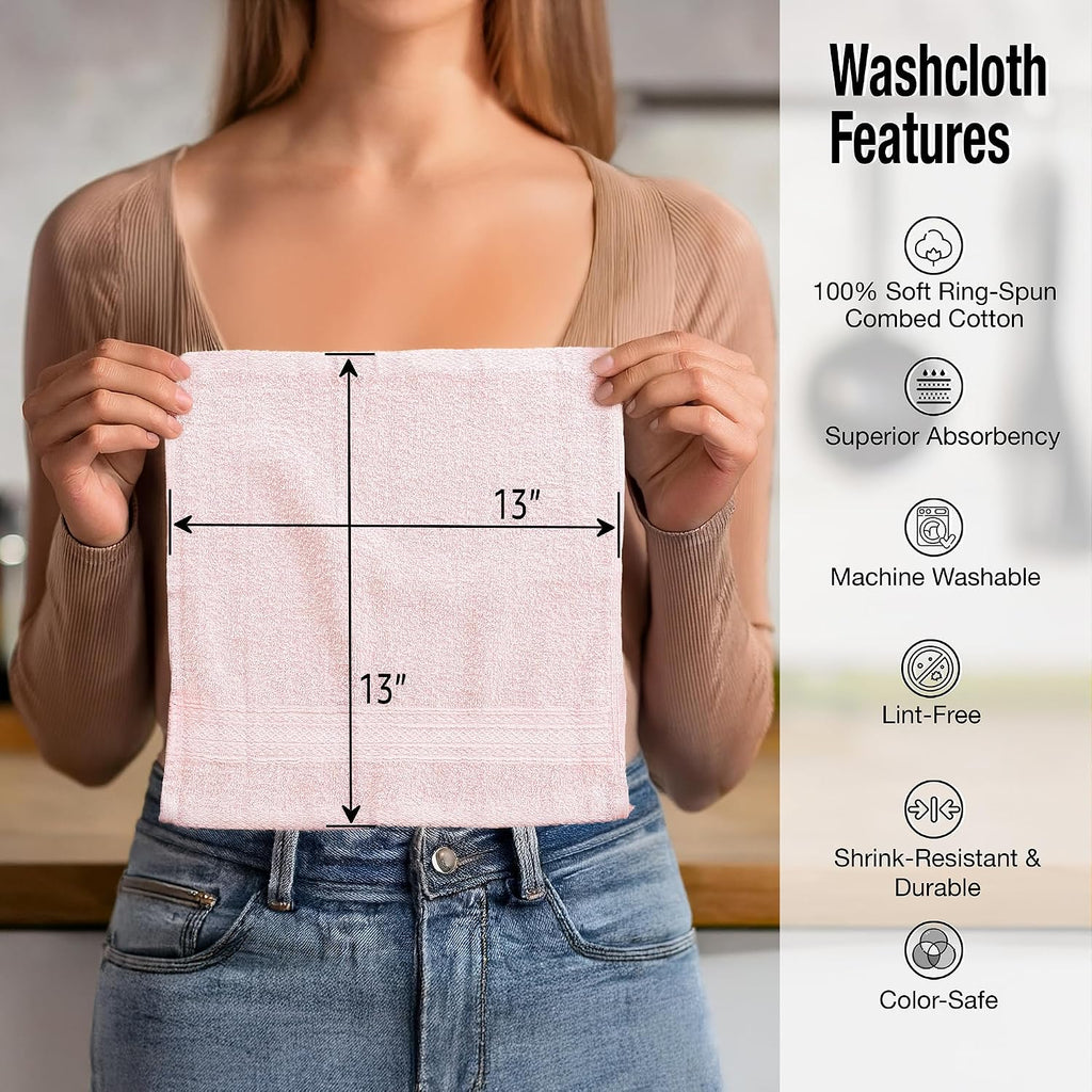 Washcloths, 13" x 13" Washcloths 12 Pack, Face Towels | Thick Loop Pile Wash Cloths – Absorbent and Soft 100%
