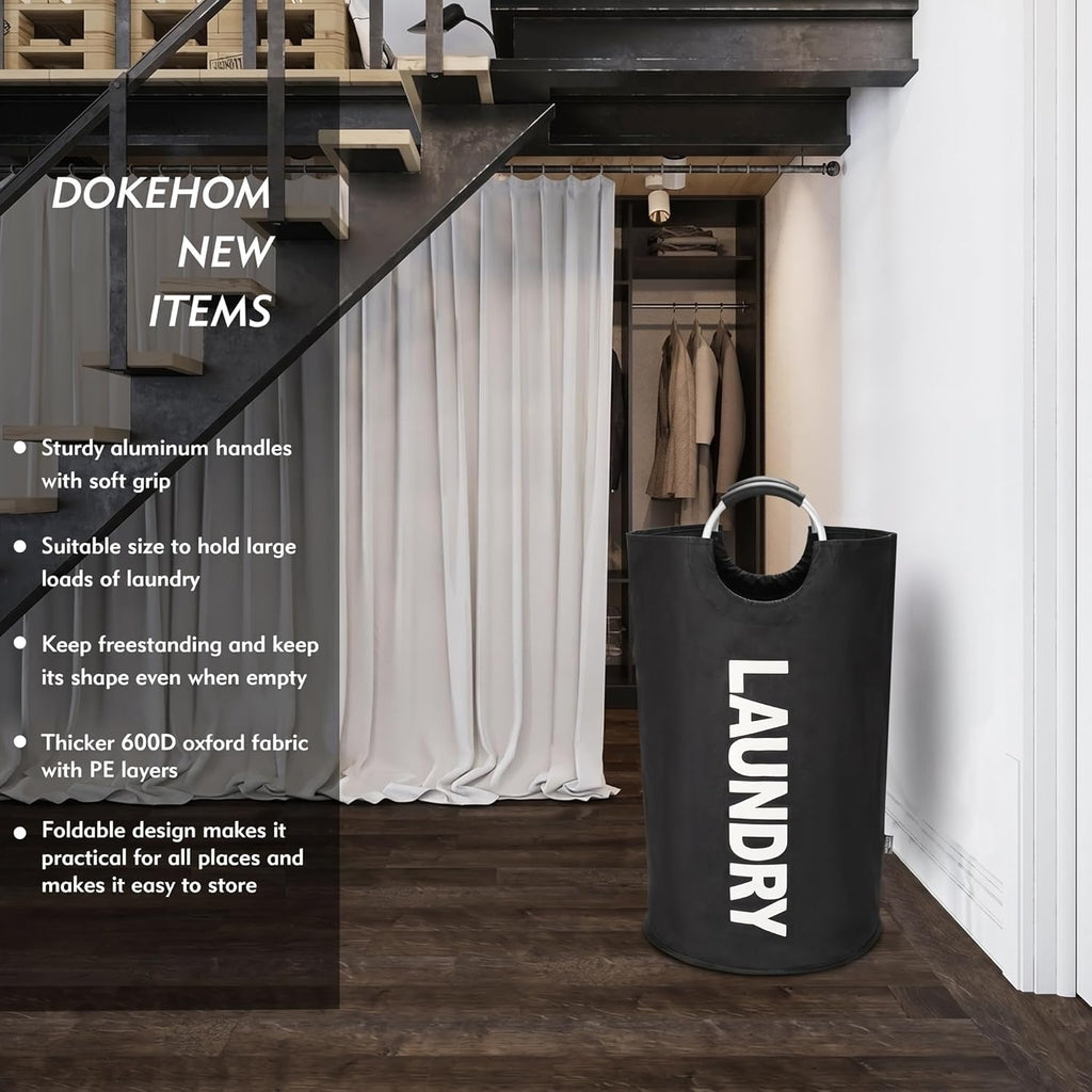 90L Large Laundry Basket Bag, Collapsible Tall Hamper, Black | Freestanding tall washing bin & foldable laundry bag.