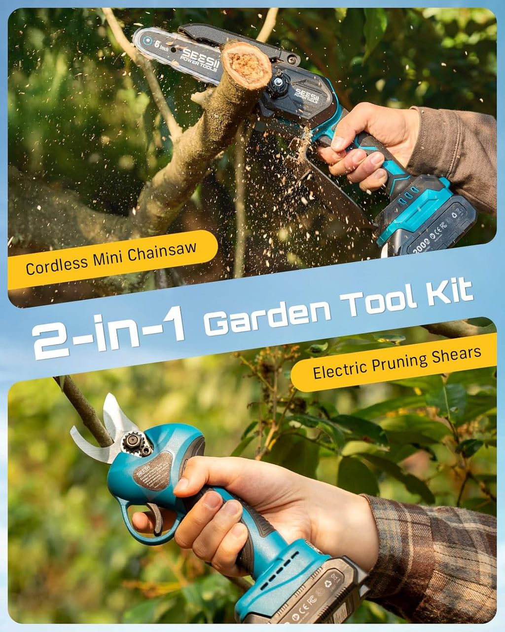 2-in-1 Mini Chainsaw & Pruning Shears Combo, Brushless Motor | 6 Inch Cordless Chain Saw, 1.2" Electric Pruner with