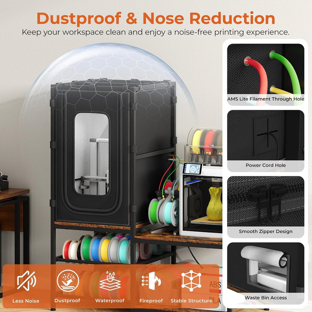 3D PrinterTable with Dustproof & Noise Reducing Enclosure —4-Tier 3D Print Stand & Filament Organized for Home