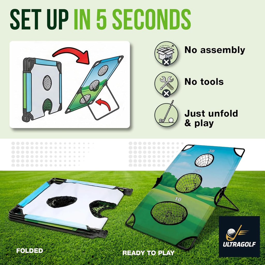 2-in-1 Golf Cornhole Chipping Game Set for Adults – Foldable Yard Game with Targets, Golf Mats, Balls, Stakes –