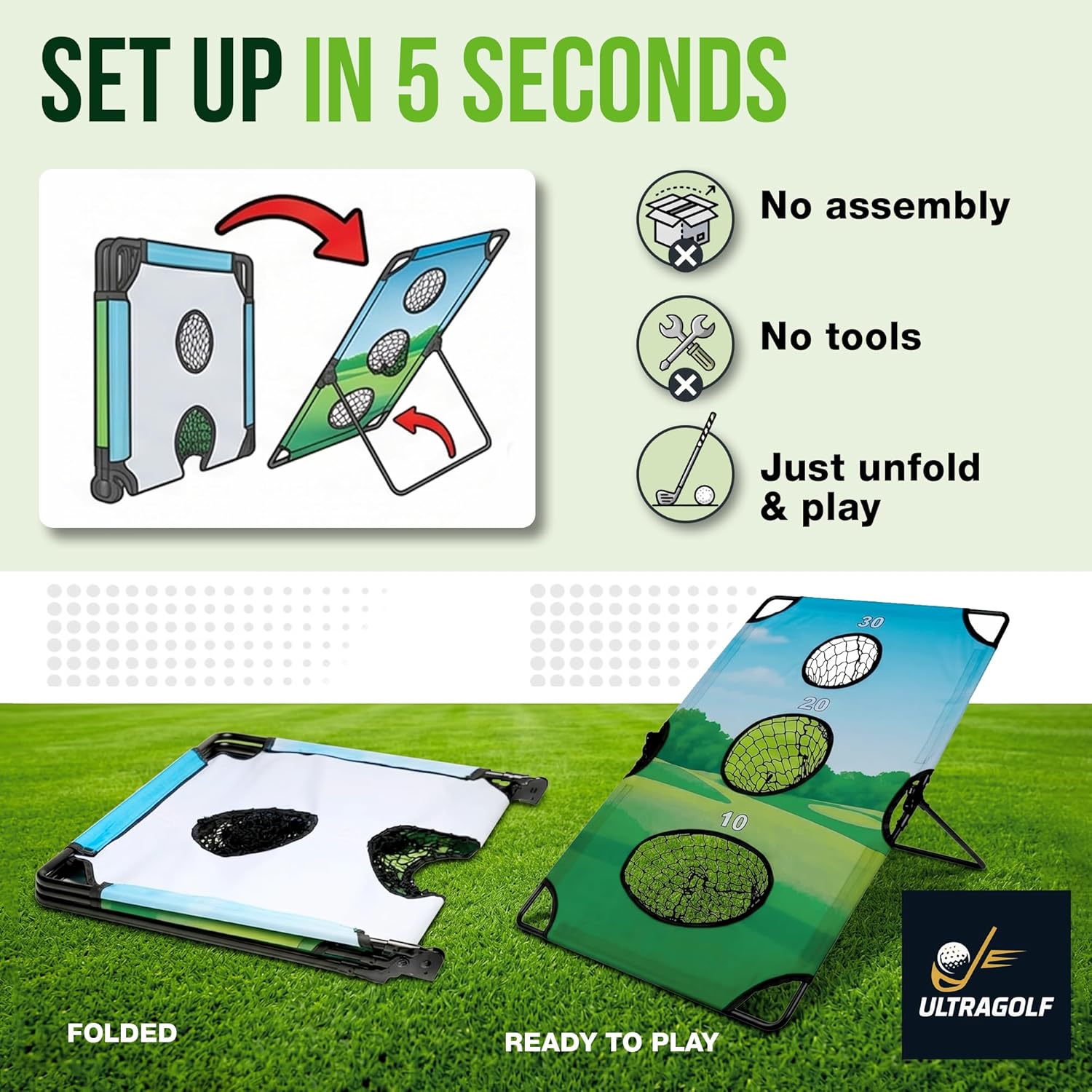 2-in-1 Golf Cornhole Chipping Game Set for Adults – Foldable Yard Game with Targets, Golf Mats, Balls, Stakes –