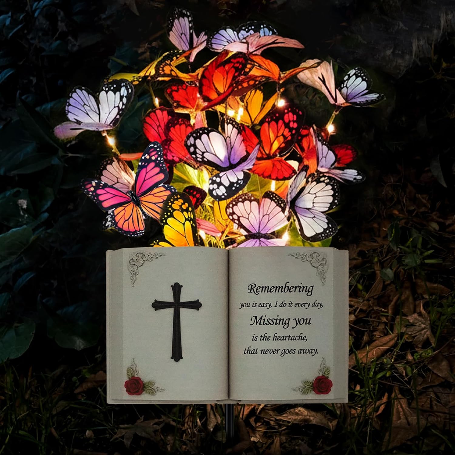 Solar Bible Cross Memorial Stake - Metal Silhouette Religious Grave Decoration for Cemetery - Flat Christian Cross